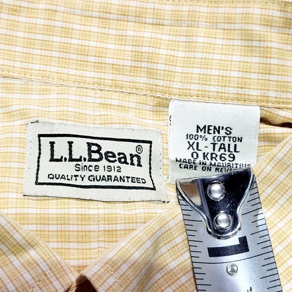 LL Bean Wicked Good Button Down Shirt Men XLT Yellow Regular Houndstooth Plaid - Picture 2 of 8